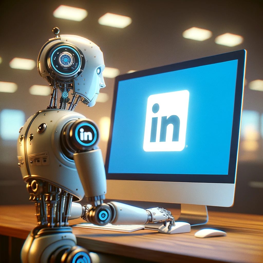 KI generiertes Bild eines Roboters vorm PC mit einem LinkedIn Logo