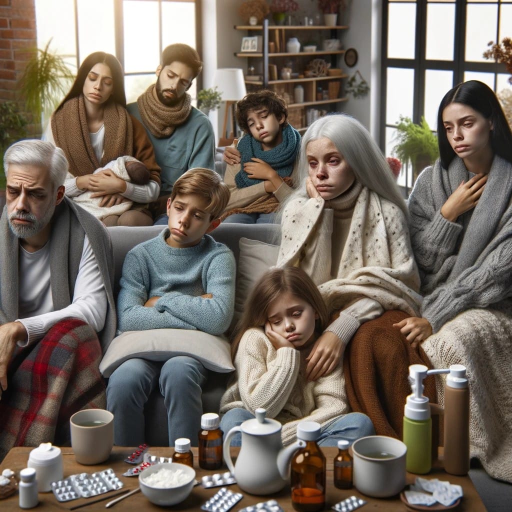 Eine Gruppe von Menschen unterschiedlicher Altersgruppen sitzt erschöpft und krank auf einem Sofa in einem Wohnzimmer. Sie sind in Decken gehüllt und umgeben von Medikamenten, Teekannen und anderen Heilmitteln. Die Szene vermittelt ein Gefühl von Krankheit und gemeinsamer Genesung innerhalb einer Familie.