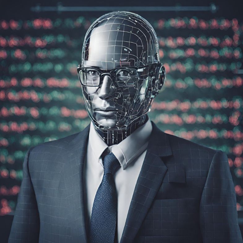 Ein humanoider Roboter in einem Anzug und Krawatte, der vor einer unscharfen Hintergrundanzeige mit roten und grünen Zahlen steht. Der Roboter hat ein metallisches Gesicht mit sichtbaren Schaltkreisen und trägt eine Brille, was ihm ein intelligentes und professionelles Aussehen verleiht. Die Szene symbolisiert die Integration von Technologie und künstlicher Intelligenz in die Geschäftswelt.