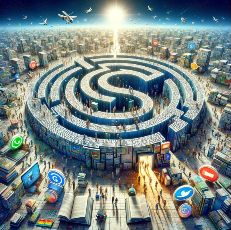 Eine futuristische Illustration einer riesigen Stadt mit einem großen Labyrinth in der Mitte, das die Form eines Dollarzeichens hat. Das Labyrinth ist umgeben von Menschen und verschiedenen Technologien wie Computern und Symbolen sozialer Medien. Flugzeuge und Drohnen fliegen über die Stadt, und im Hintergrund scheint eine helle Sonne. Die Szene vermittelt ein Gefühl von Komplexität und Vernetzung in der modernen Welt.