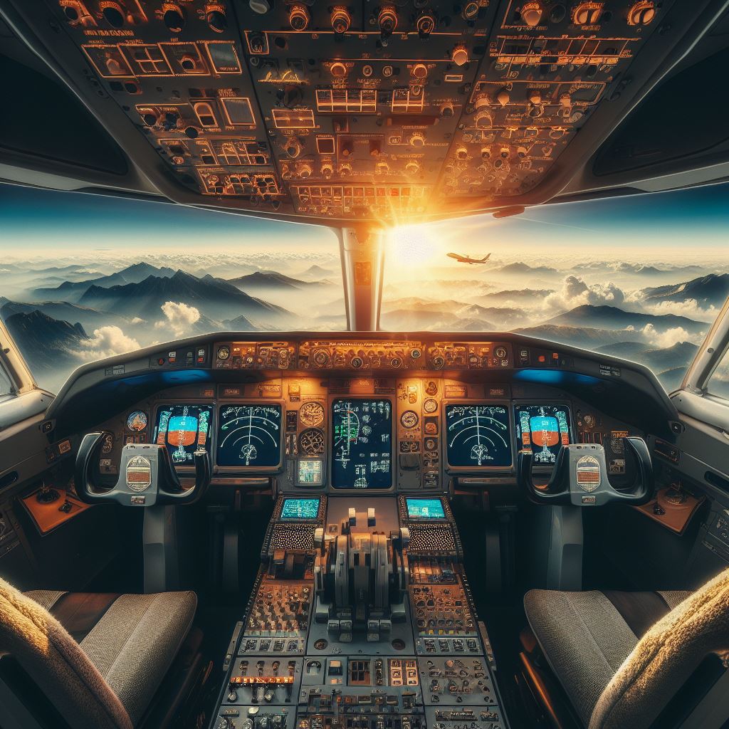Blick aus dem Cockpit eines Flugzeugs während des Sonnenaufgangs. Das Cockpit ist mit verschiedenen Instrumenten und Steuerungen ausgestattet. Durch das Fenster sind die Wolken und eine bergige Landschaft zu sehen, während ein weiteres Flugzeug in der Ferne fliegt.