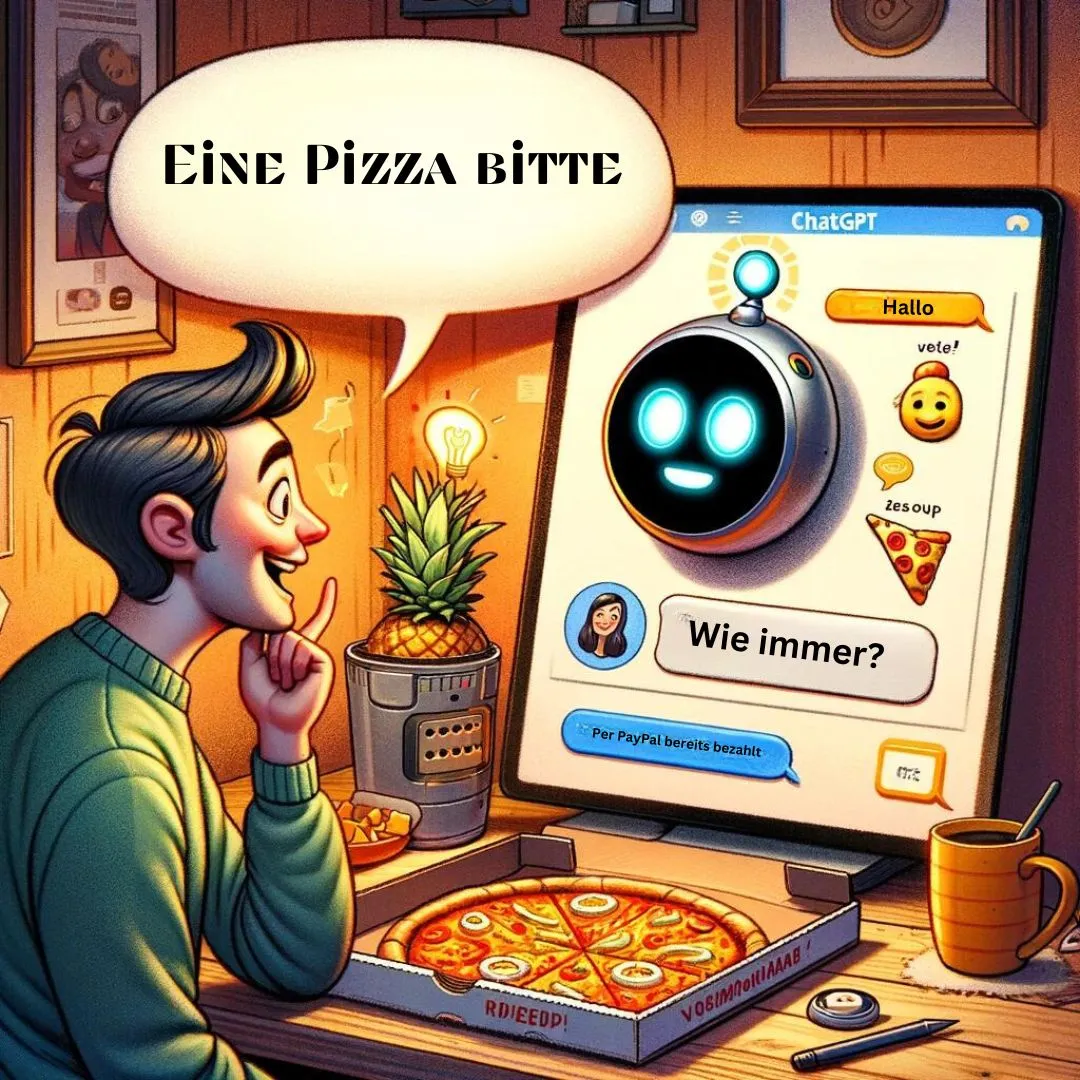 Das Bild zeigt eine humorvolle, cartoonartige Darstellung einer Person, die mit einem robotischen Assistenten spricht. Der Assistent sieht aus wie ein Computer mit einem Bildschirm, auf dem die ChatGPT-Schnittstelle angezeigt wird. Die Person ist spielerisch überrascht, als der Roboter-Assistent ihr mit einer Glühbirne über dem Kopf daran erinnert, dass sie keine Ananas auf der Pizza mag. Die Szene spielt in einem gemütlichen Heimbüro, unterstrichen durch eine Pizzabox und eine Kaffeetasse auf dem Schreibtisch, was eine lockere und spaßige Atmosphäre schafft. Der Roboter-Assistent hat ein freundliches Auftreten und in einer Sprechblase wird eine Textnachricht angezeigt, die an die Pizza-Präferenzen erinnert.