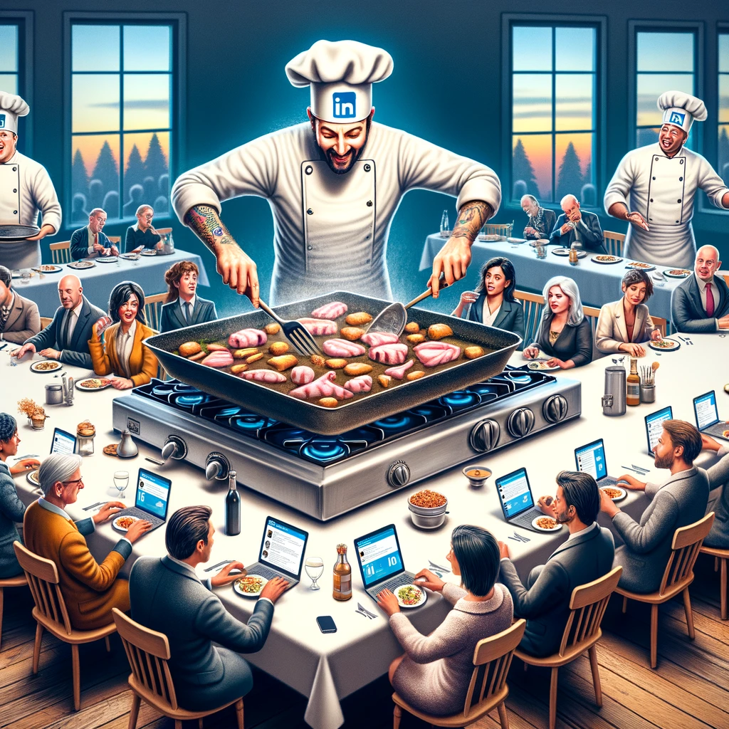 Eine Gruppe von Geschäftsleuten in einem metaphorischen LinkedIn-Dining-Setting, mit digitalen Geräten auf einem langen Tisch, während Köche mit LinkedIn-Hüten vor einem Herd stehen und die Teilnahme am Content-Erstellen fördern.
