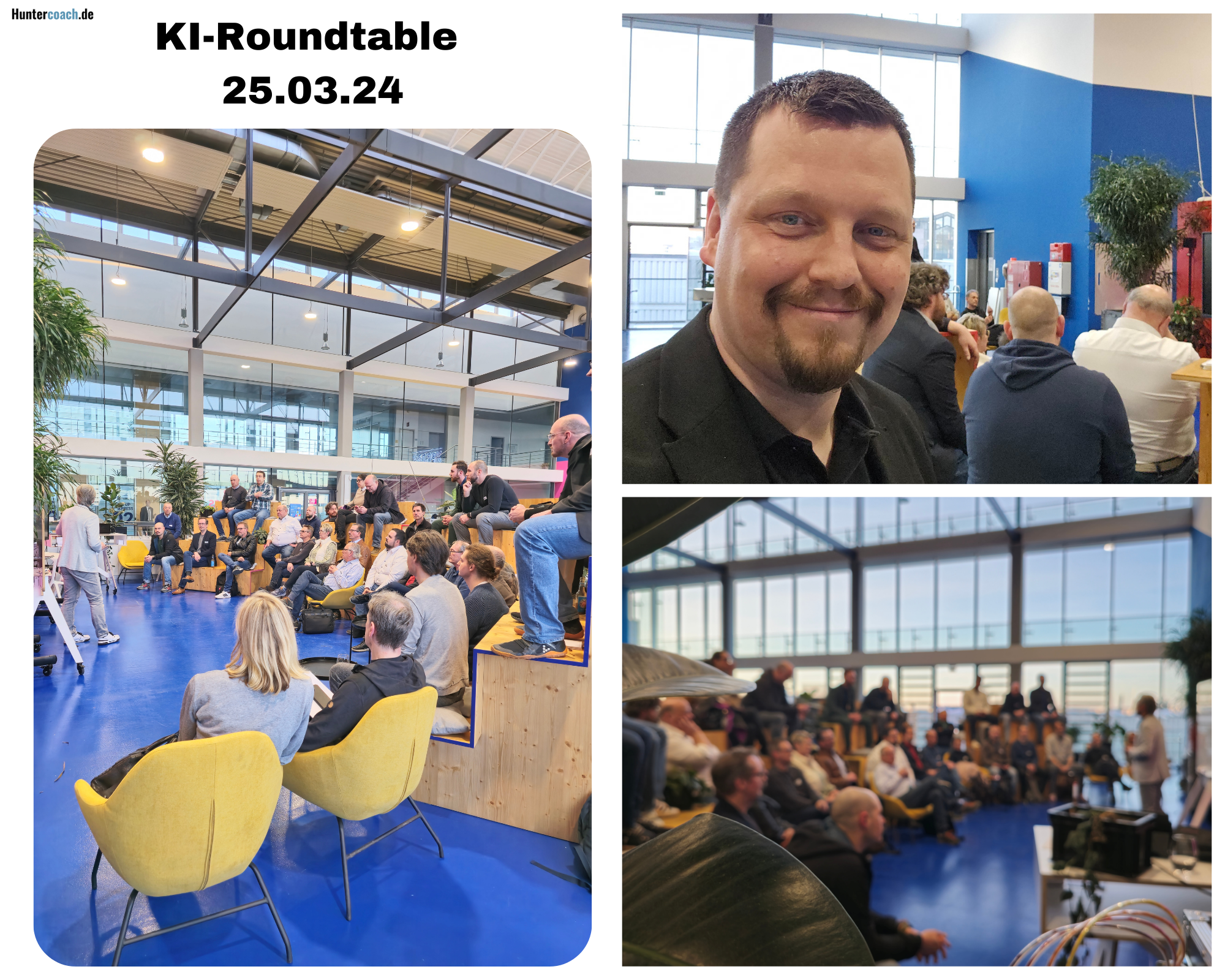 Collage von Fotos des KI-Roundtable-Events vom 25. März 2024, zeigt eine engagierte Menschenmenge während einer Präsentation und den Veranstalter Martin Jäger lächelnd im Vordergrund.