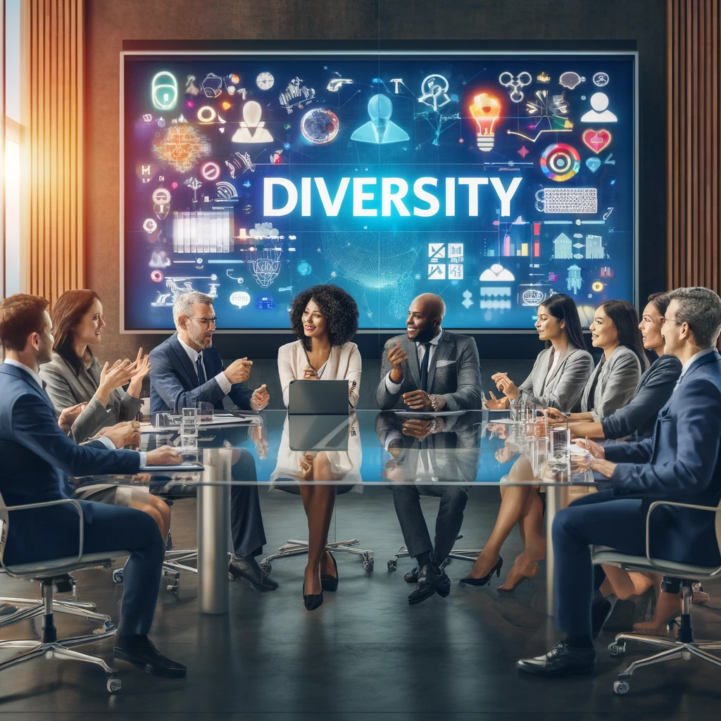 Diverse HR-Experten diskutieren Strategien zur Förderung von Vielfalt und Inklusion in einem modernen Konferenzraum mit dem Wort 'DIVERSITY' im Hintergrund.