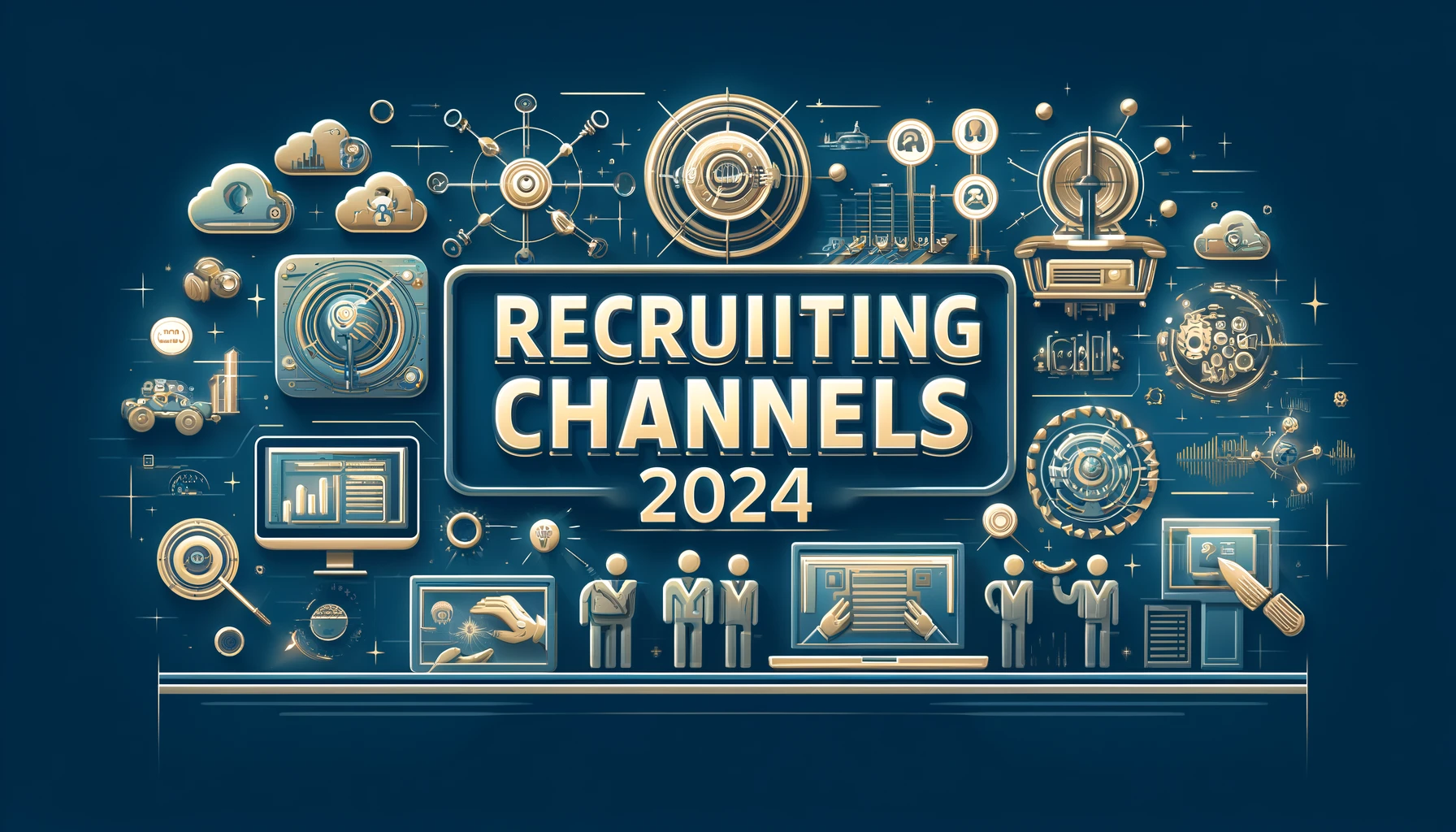 Professionelles Blog-Headerbild mit der Aufschrift 'Recruiting Channels 2024', das verschiedene Recruiting-Methoden darstellt, einschließlich Online-Jobbörsen, soziale Medien, Networking-Events und Bildungspartnerschaften, in einem modernen und futuristischen Stil für ein professionelles Publikum.