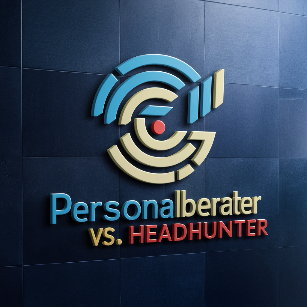 Abstraktes Symbol, das ein Ziel oder Radar in Blautönen darstellt, mit den Worten 'Personalberater vs. HEADHUNTER' in 3D-Buchstaben, die den Kontrast zwischen zwei Arten von Rekrutierungsprofessionals illustrieren.
