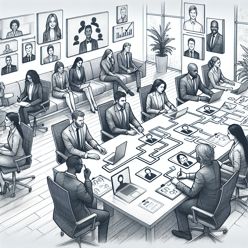 Illustration eines geschäftigen Bürokonferenzraums mit vielen Personen, die an Tischen sitzen, Laptops benutzen und Unterlagen besprechen, während an den Wänden Porträts von Mitarbeitern hängen.