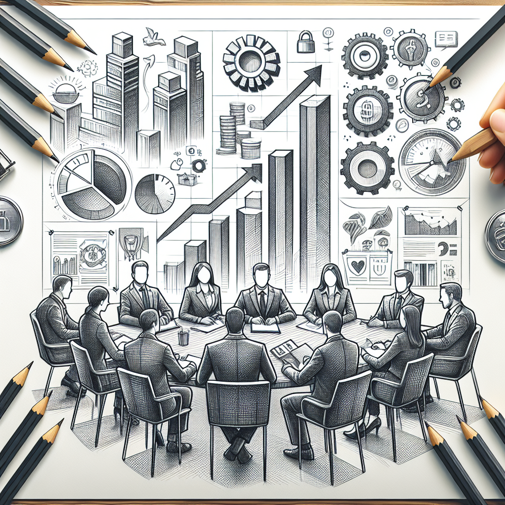 Illustration eines Geschäftstreffens mit neun Personen, die um einen Konferenztisch sitzen, eingebettet in ein größeres Thema mit verschiedenen Geschäftssymbolen wie Gebäuden, Diagrammen und Zahnrädern im Skizzenstil.