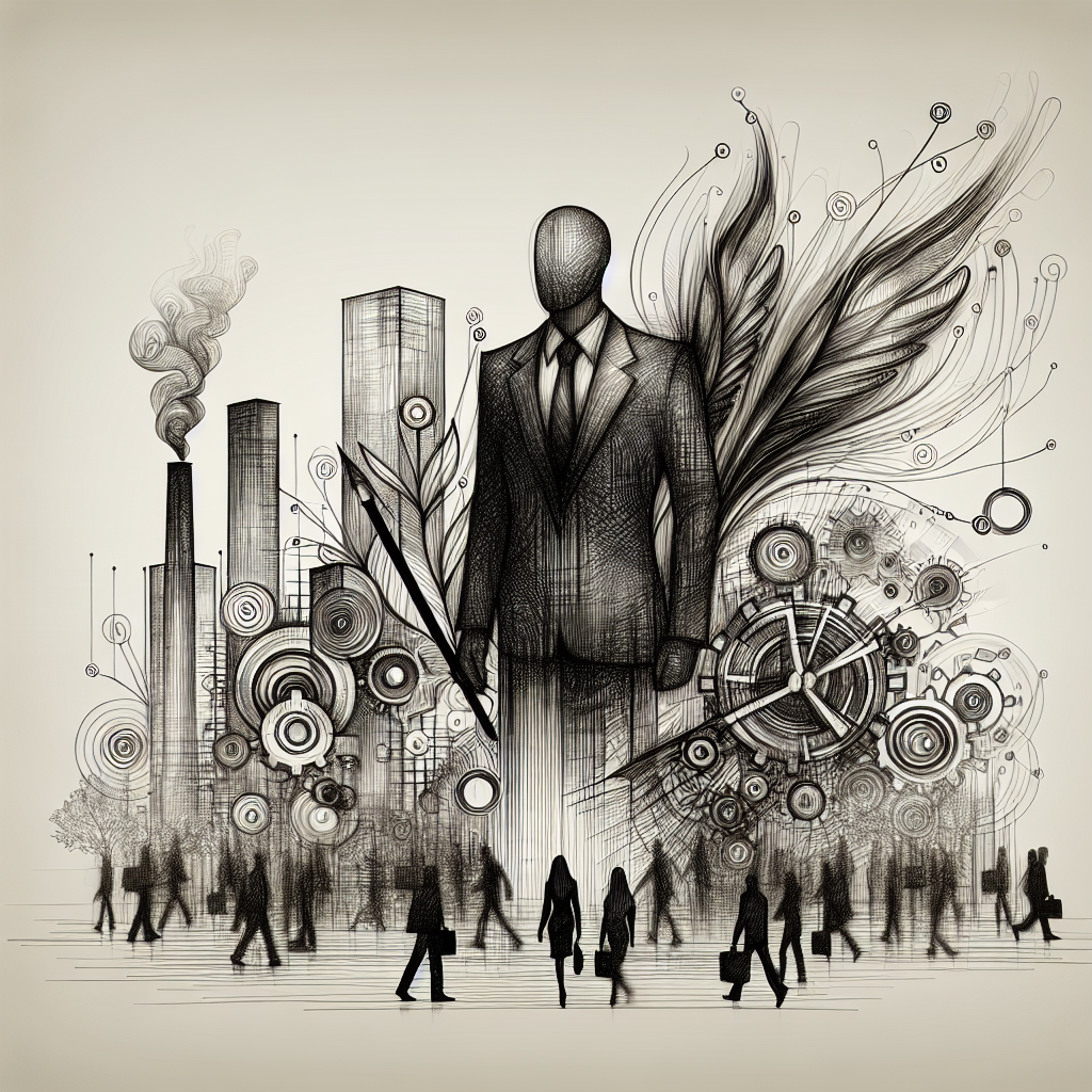 Ein anonymes Geschäftsmann-Bild mit einem Fabrikenhintergrund und abstrakten, mechanischen Elementen sowie Pflanzenmotiven, umgeben von kleineren Geschäftsleuten in Bewegung, in einem schwarz-weißen, skizzenartigen Stil.