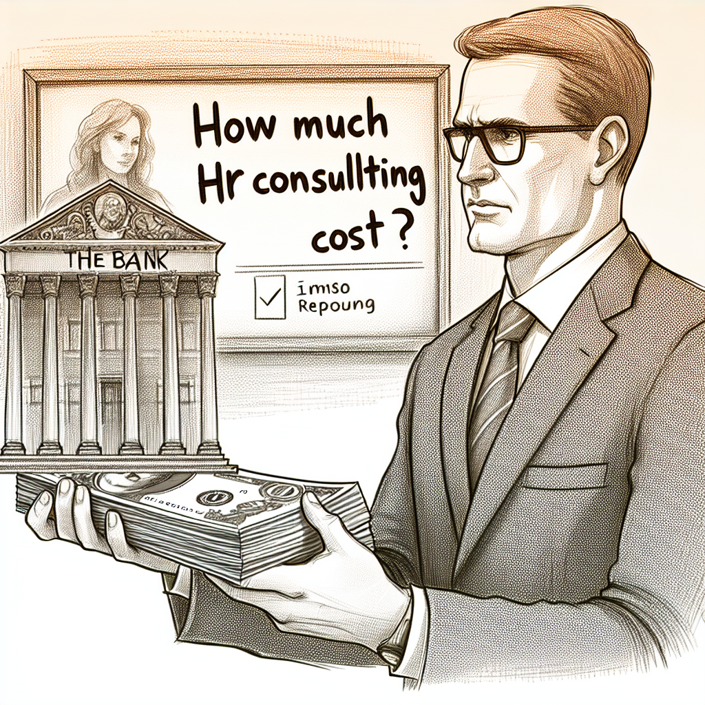 Illustration eines Geschäftsmannes in Anzug und Brille, der ein Bündel Geldscheine hält. Im Hintergrund befindet sich eine Bank im klassischen Stil. Über ihm erscheint die Frage "How much Hr consulting cost?"