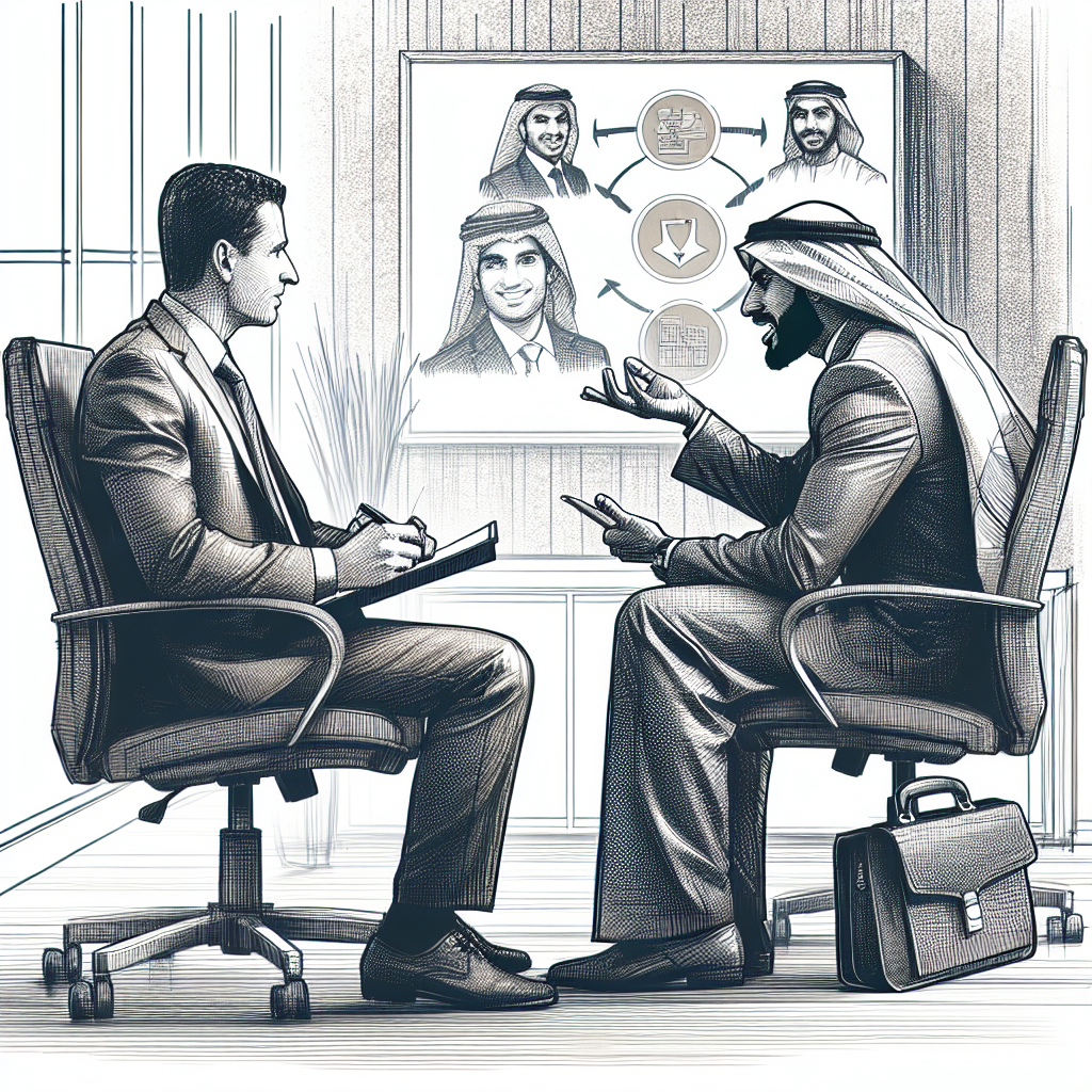 Zwei Geschäftsmänner in einem Büro, einer in westlicher Geschäftskleidung und der andere in traditioneller arabischer Kleidung, sitzen sich gegenüber und besprechen ein Diagramm auf einem digitalen Bildschirm, das mit arabischen Charakteren verbundene Profile und Symbole zeigt.