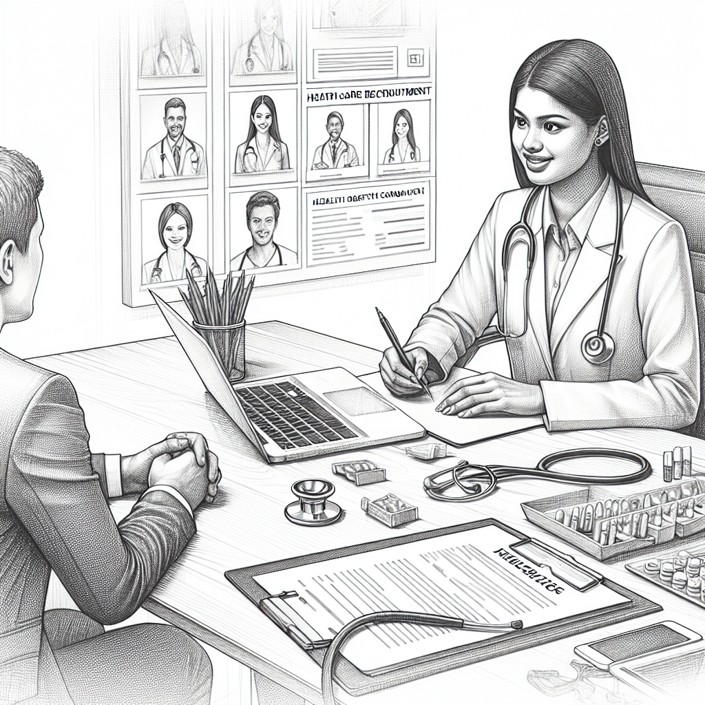 Schwarz-weiße Zeichnung einer Arztpraxis, in der eine Ärztin mit einem Stethoskop um den Hals einem männlichen Patienten gegenüber an einem Schreibtisch sitzt. Auf dem Schreibtisch befinden sich ein Laptop, medizinische Unterlagen und Instrumente. An der Wand hängen Plakate mit Bildern und Informationen zu medizinischem Personal.