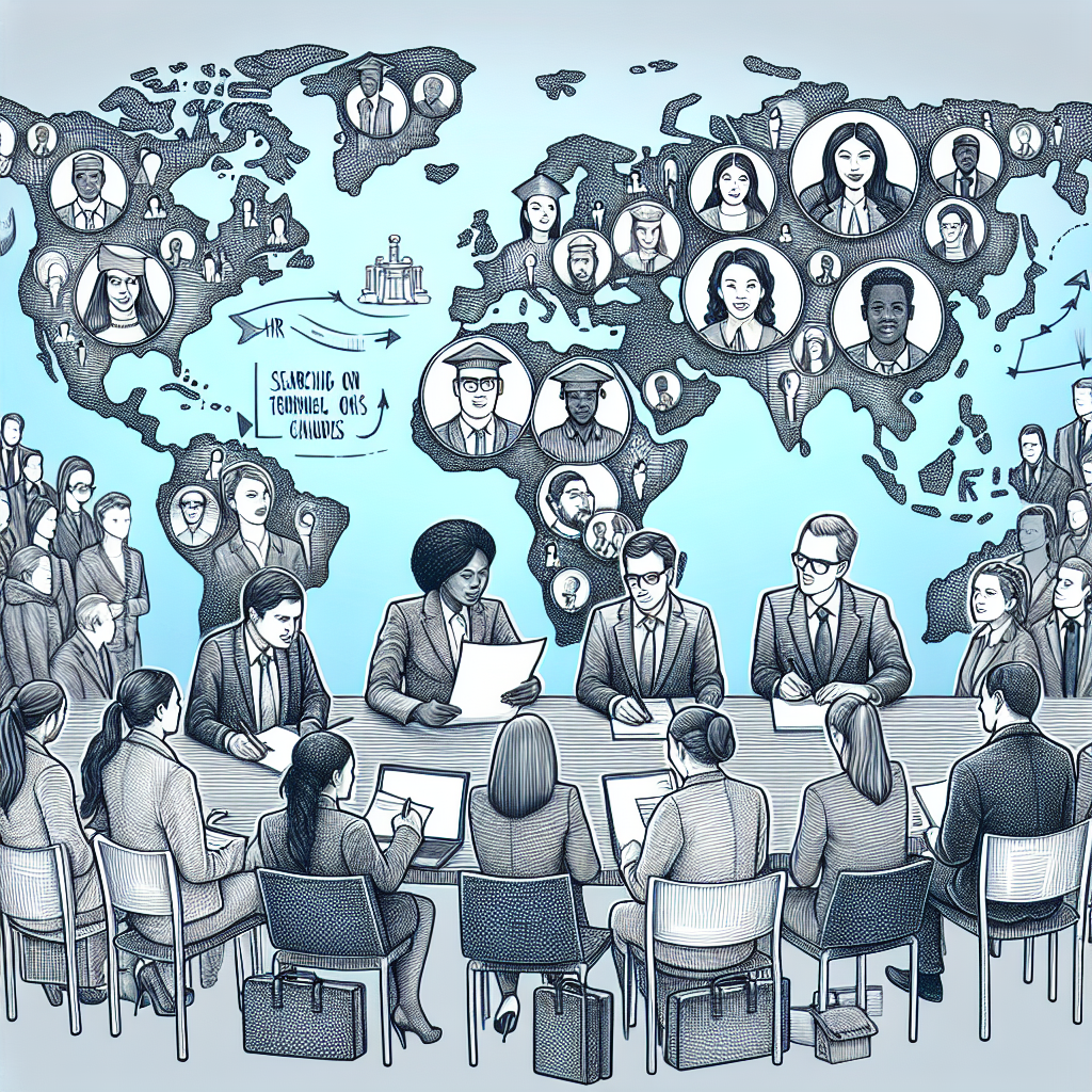 Illustrierte Darstellung einer globalen Geschäftstreffen-Szene, bei der männliche und weibliche Geschäftsleute unterschiedlicher Herkunft an einem langen Tisch sitzen und besprechen, während im Hintergrund eine Weltkarte mit Porträts von weiteren Menschen zu sehen ist.