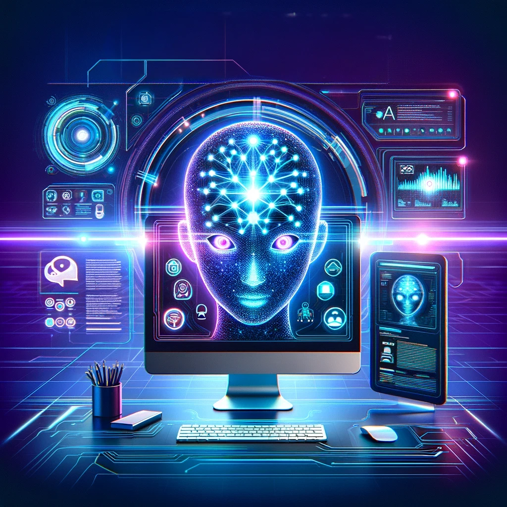 Futuristisches Bild eines Desktop-Computers mit der ChatGPT 4o-Oberfläche, umgeben von leuchtenden neuralen Netzwerk-Elementen auf einem blau-lila Hintergrund.