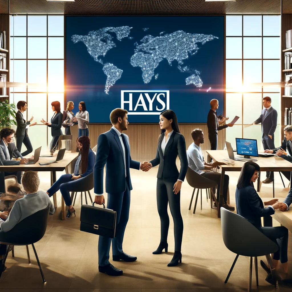 Eine moderne Büroszene bei Hays mit diversen Personen in Diskussionen, Nutzung von Laptops und Tablets, Händeschütteln, und einem großen Bildschirm mit dem Hays-Logo im Hintergrund.