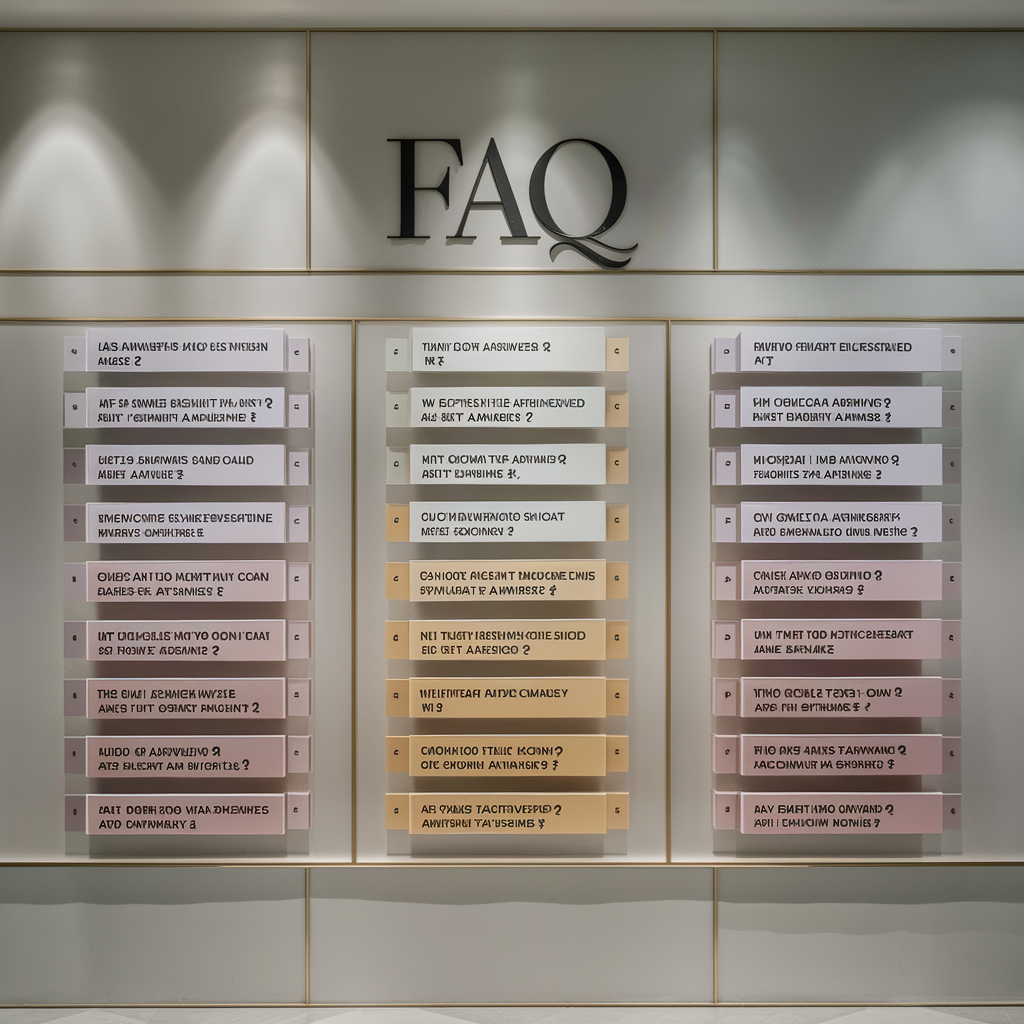 Wand mit beleuchteten FAQ-Karten in einem modernen Büro, strukturiert angeordnet zur schnellen Informationserfassung