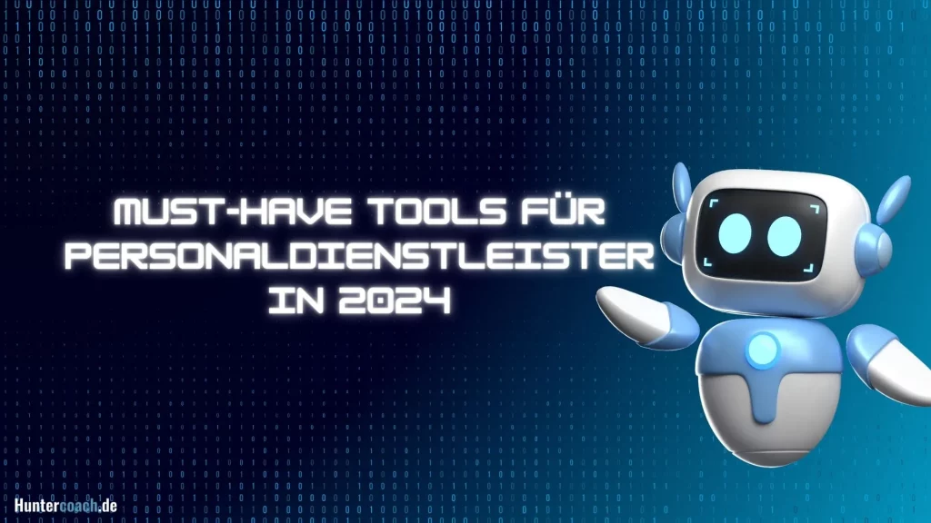 Freundlicher Roboter präsentiert Must-Have Tools für Personaldienstleister im Jahr 2024.